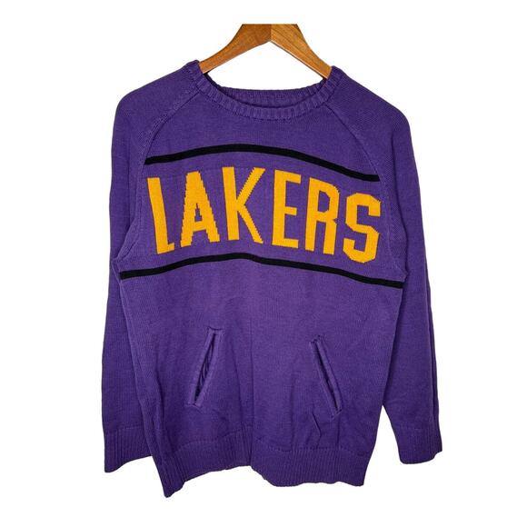NBA Vintage Y2K Mens S LAKERS Knit Logo Sweater Front Pockets Crewneck Purple - Picture 1 of 7